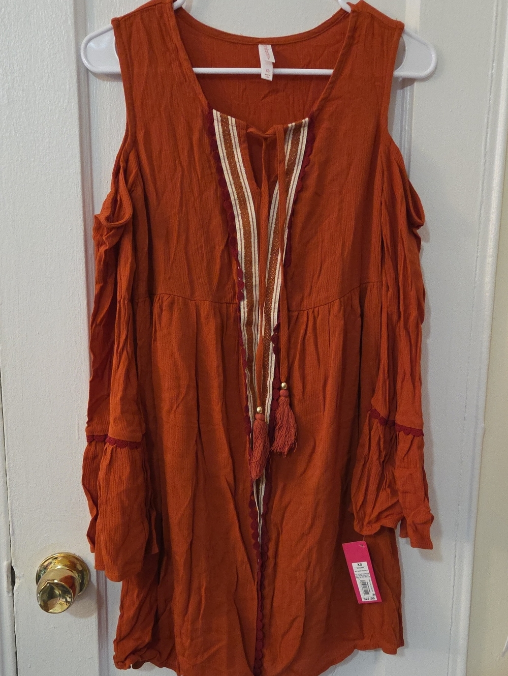 Xhilaration Rust Orange Cold-Shoulder Tassel Tunic Dress XS NWT